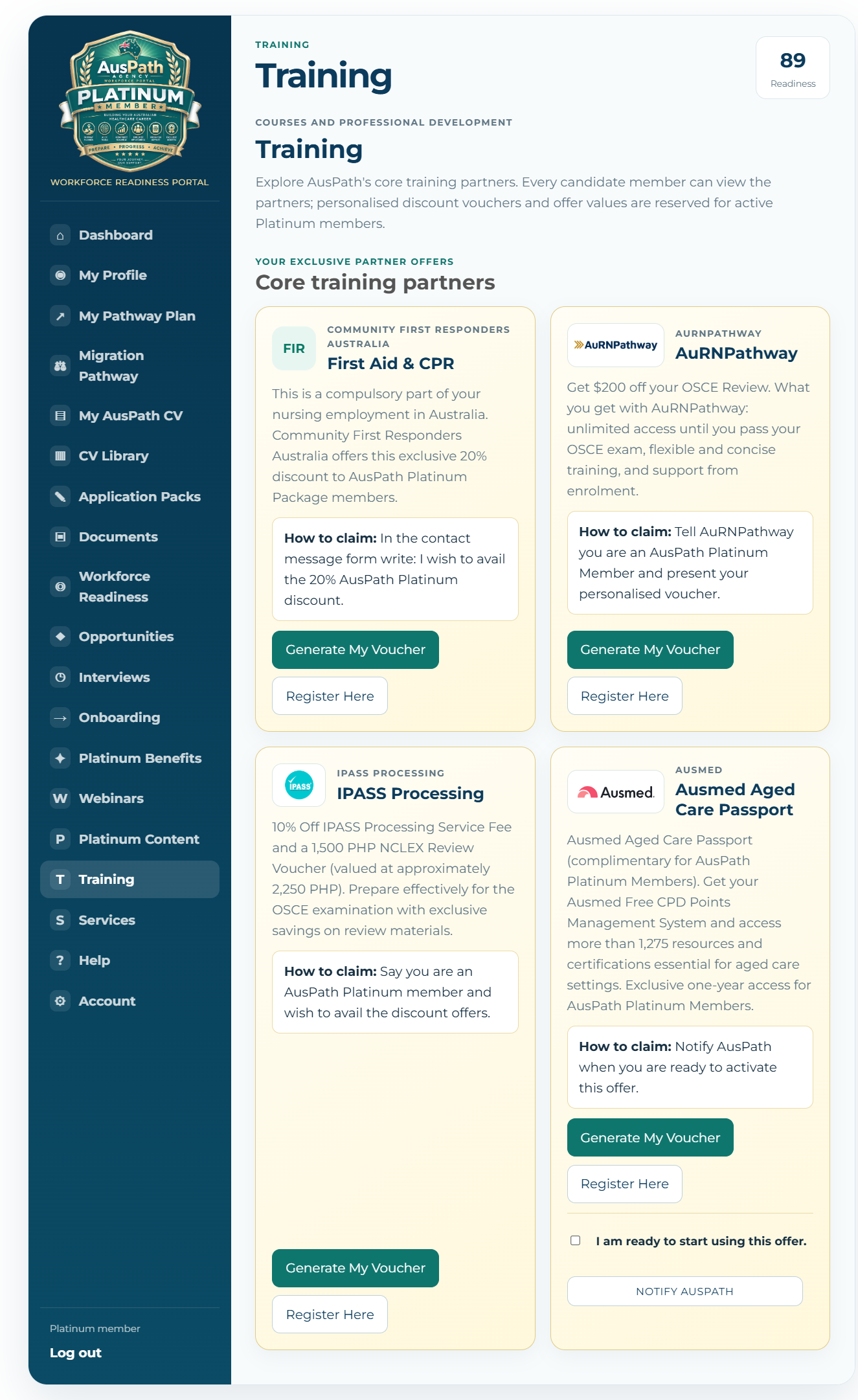 AusPath Platinum Training partner offers inside the Workforce Readiness Portal